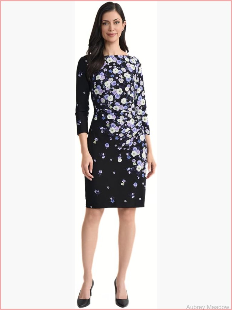 Elbow Sleeve Sheath Dress Floral Print Zipper Back Knee-Length